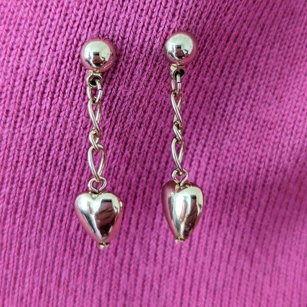 💕 Hearts Earrings, Goldtone chain puff heart, 1.5" dangle drop, post Valentine